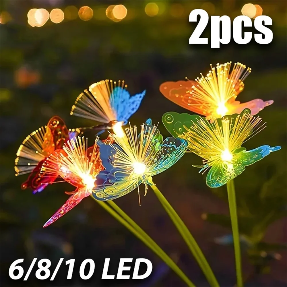 LED Butterfly Solar Light Waterproof Outdoor Fiber Optic Garden Ground Lawn Swaying Landscape Decoration 1-2pcs