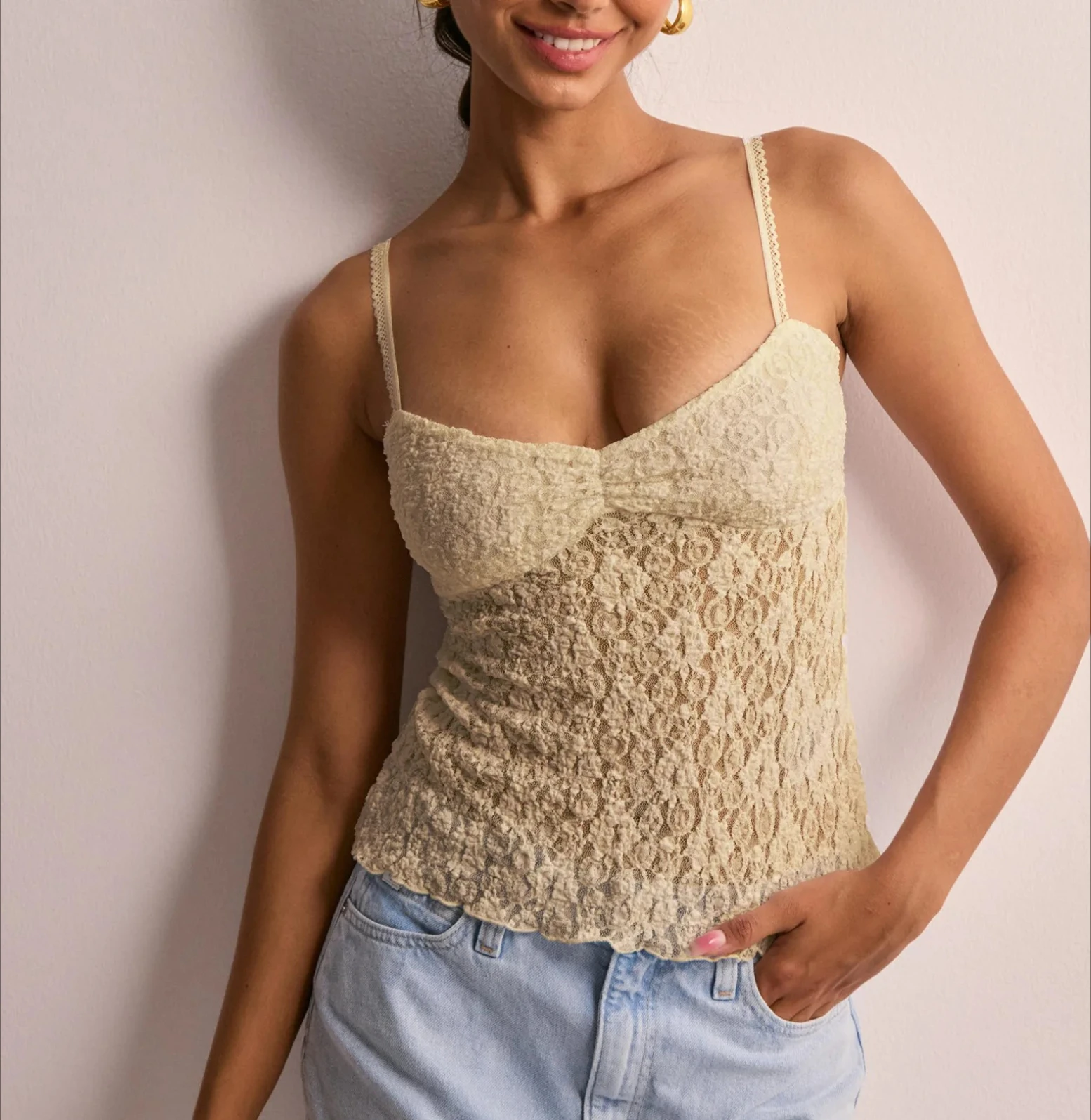 Camisola feminina transparente de renda vintage sem mangas franzida frontal regata slim fit