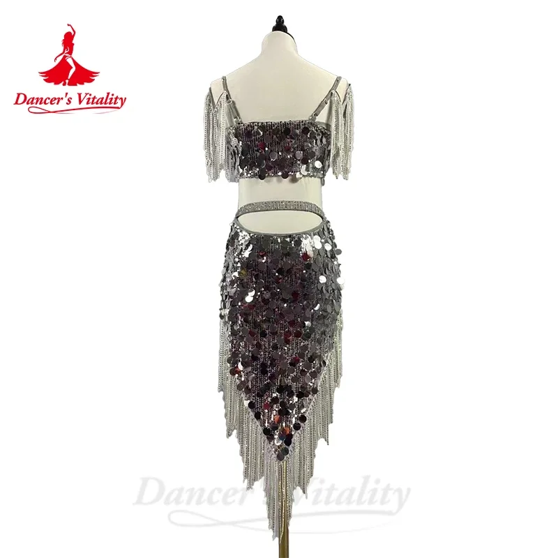 Belly Dance Costume Set for Women Silver Sequin Tassel Top+short Skirt 2pcs Performance Costume Custom Drum Solo Short Suit