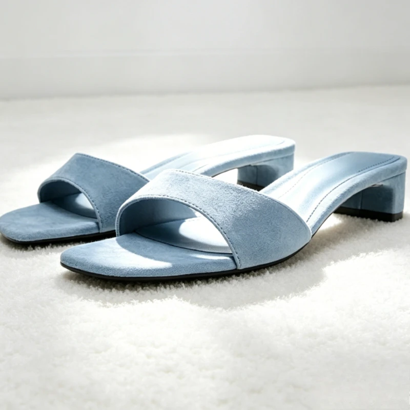 

Concise Style Faux Suede Heeled Slipper for Women Fashion Square Toe Comfortable Slide Sandals Sexy Open Toe Summer Mules Sandal