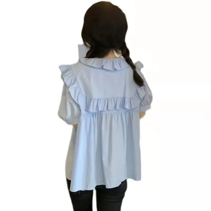 Ruffles Shirts and Blouses Korea Short Sleeve Summer Top O-neck Loose Fashion Woman Blouse 2024 Sweet Cute Button Solid Clothes