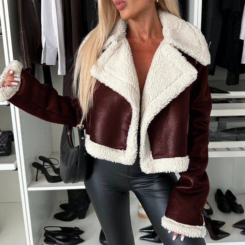 Herfst Elegante Revers Kraag Leren Jassen Vrouwen Causale Lange Mouwen Effen Shorts Wollen Jassen Winter Mode Dikke PU Outwears