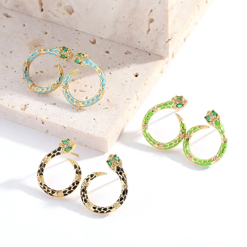 Fashion Ear Needle Cobra Copper Metal Hoop Earrings Snake Colorful Enamel Gold Earrings For Women Jewelry 2025 Christmas Gift