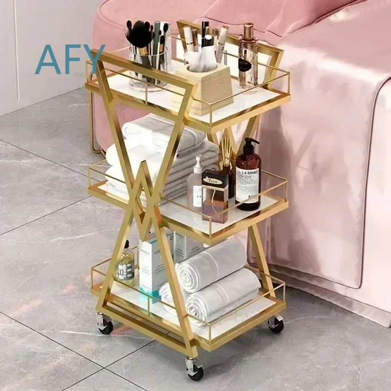 Professional Barber Tool Trolley for Beauty Salon with Wheels Modern Gold Iron Salon Cart for Hair Styling Station Salon