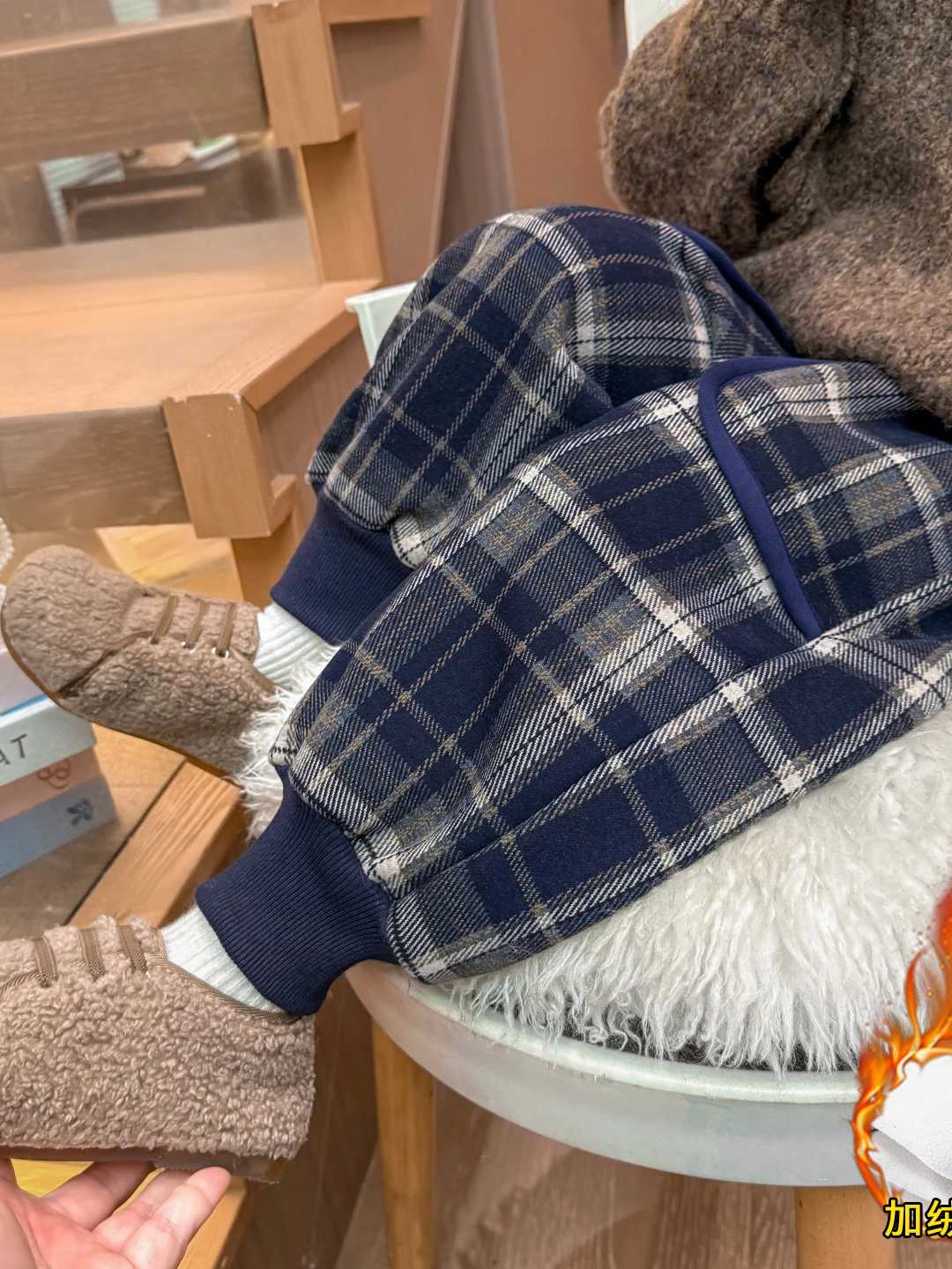 

Утепленные зимние брюки для девочек с высокой талией, прямые, теплые, в клетку, с большими карманами, для повседневной носки