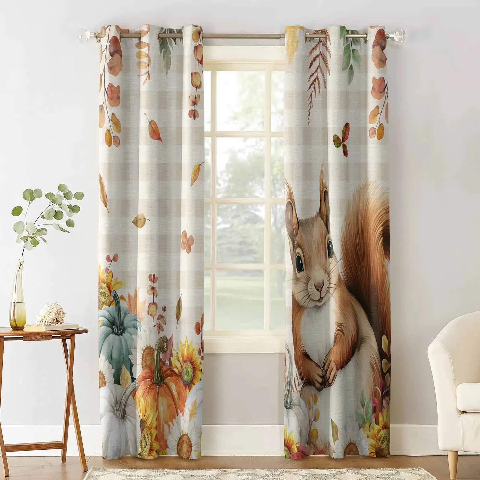 Thanksgiving Eucalyptus Leaf Pumpkin Sunflower Squirrel Blackout Curtains For Living Room Bedroom Window Treatment Blinds Drapes