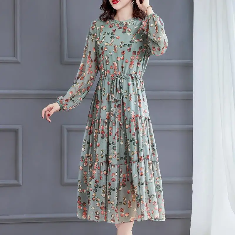 Fashion Long Sleeve O-Neck Printing Lace Up Dresses Spring Autumn Female Clothing Shirring Casual Vintage Spliced Midi Dresses