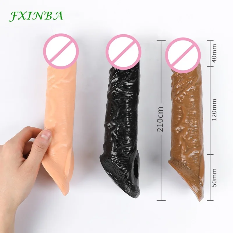 FXINBA 14-28cm Realistic Penis Sleeve Extender Large Reusable Condom Delay Penis Extender Sex Toy for Men Cock Enlarger Sleeve