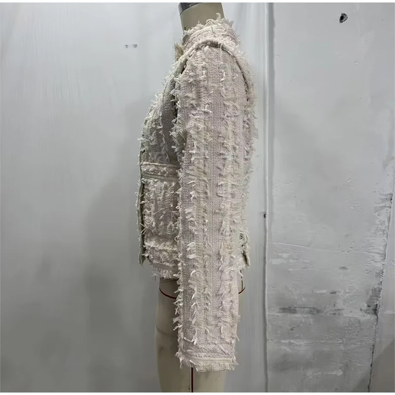 Damenmäntel mit Quasten, Rollkragen, Langarm, Einreihig, Tailliert, Frühlings- und Herbstjacken, Neuer Tweed-Mantel für Damen – Detail 3