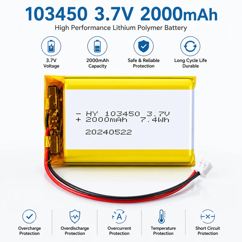 103450 3,7 V 2000 mAh wiederaufladbarer Polymer-Lithium-Akku PH 2,0 mm 2-poliger Stecker für Kamera, GPS, Navigator, MP5, PS4, 100 % echte Kapazität