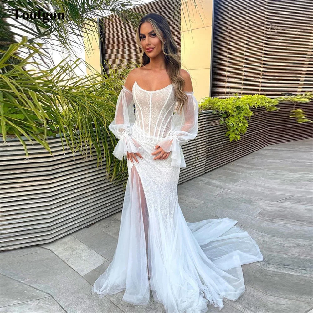 

Toofgon Soft Lace Mermaid Israel Wedding Dresses Long Sleeves Tulle Slit Women Bridal Gowns CountrySide Formal Party Bride Gown