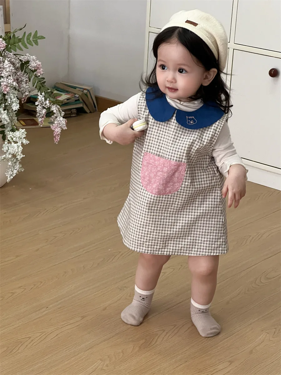 Girls Cute Peter Pan Collar Princess Dress Infant Toddler Vest Dress Kids Clothes 2025 Spring New Baby Sleeveless Plaid Dress