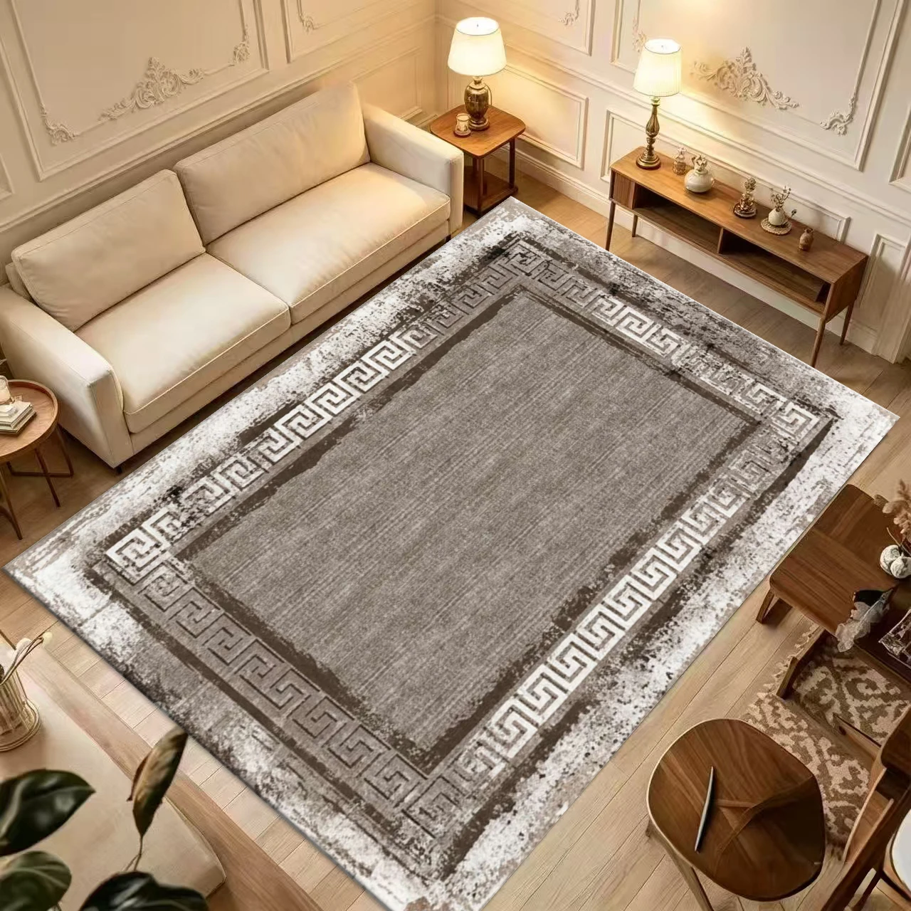 Vintage Distressed Greek Key Border Square Rug Non-Slip Retro Floor Mat for Living Room Hall Home Decoration