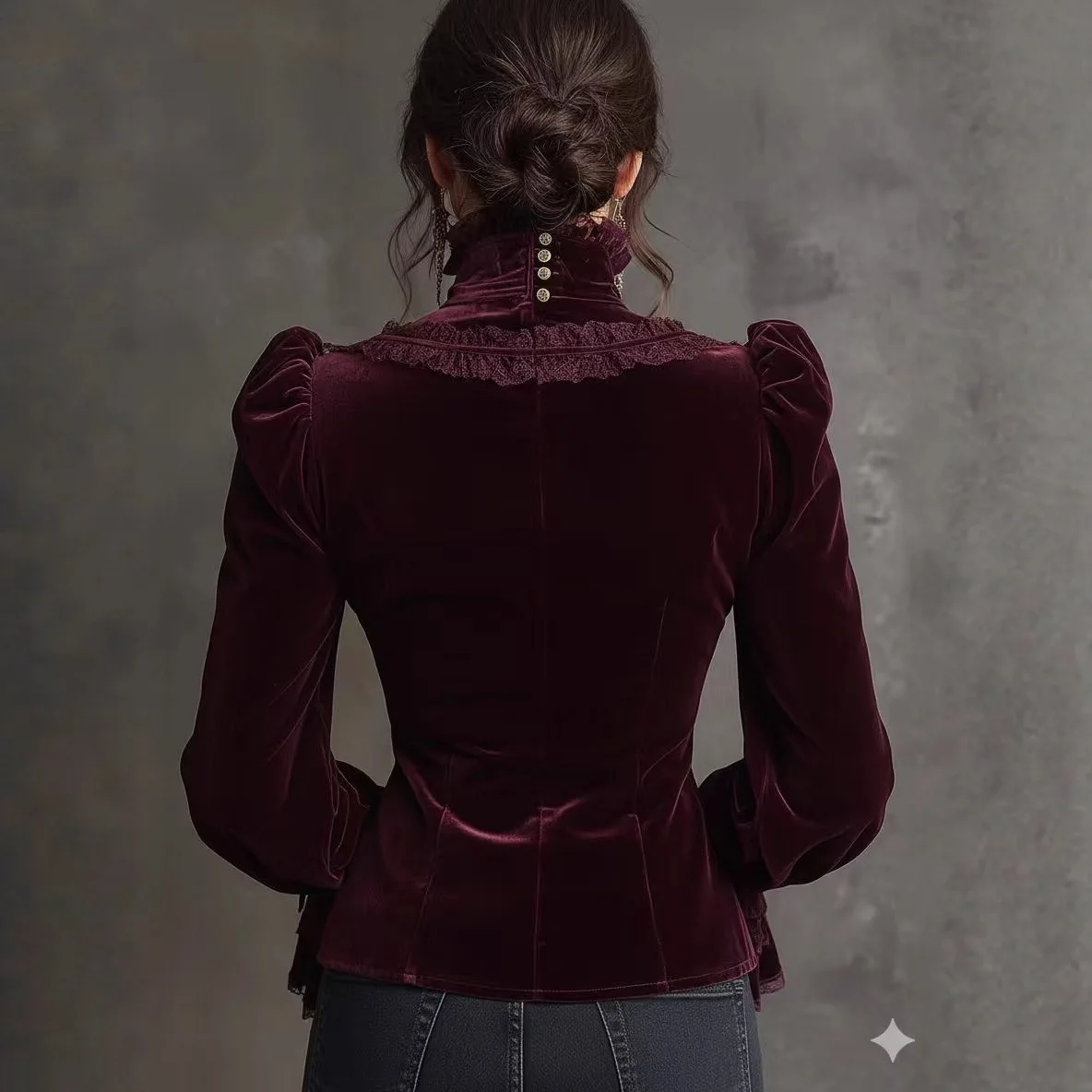 بلوزة نسائية مخملية أنيقة على الطراز الفيكتوري برقبة عالية وكشكشة من الدانتيل وأكمام منتفخة وأزرار سفلية بلوزة كاجوال للحفلات #2