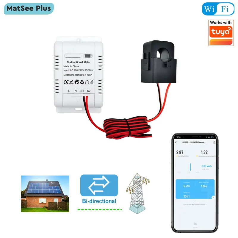 Solar PV Bidirectional Smart Life WiFi Energy Meter with 150A Clamp Current Sensor Transformer Power Monitor 110V 240VAC