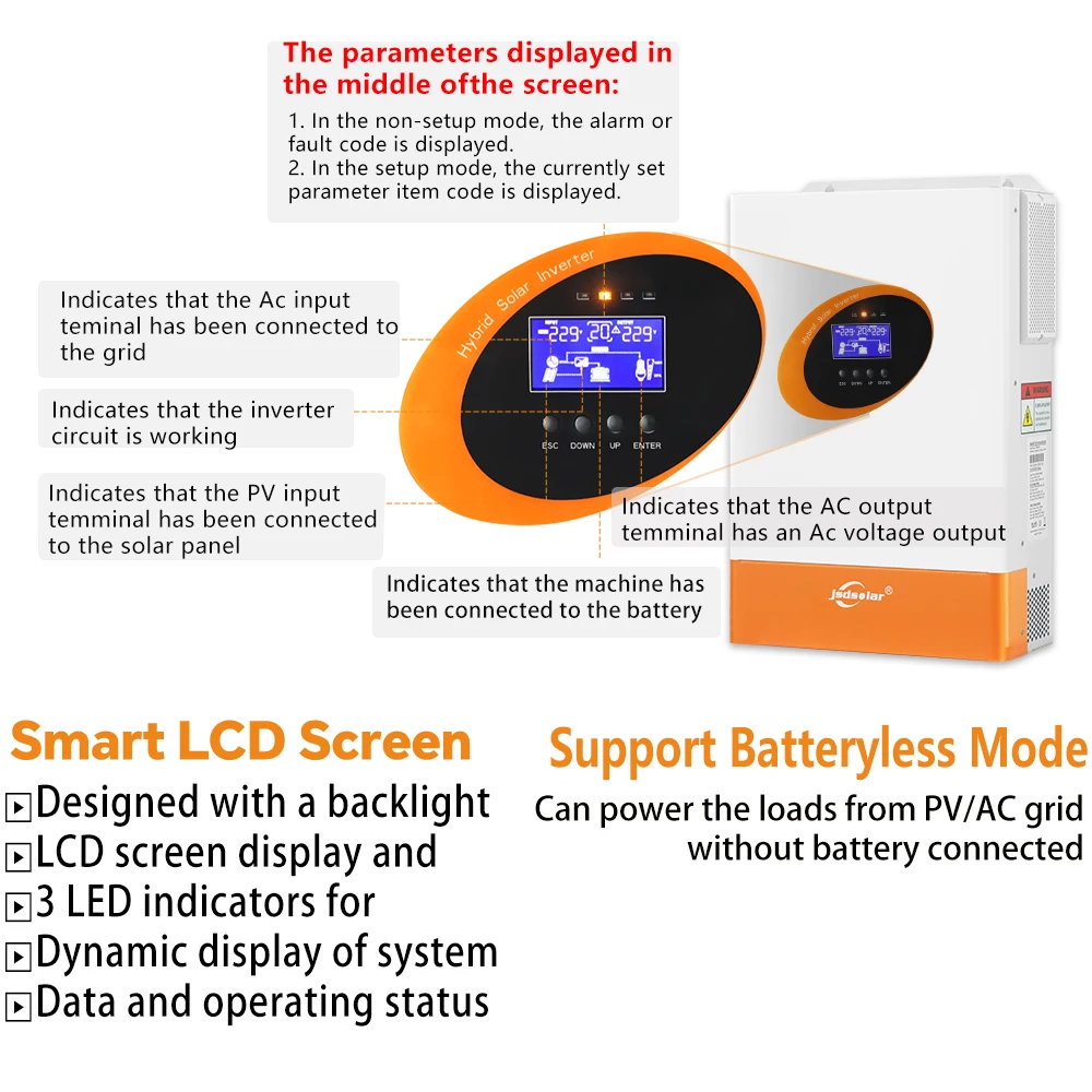 Jsdsolar 5.5KW Hybrid Solar Inverter Pure Sine Wave Inverter DC 48V AC 220V MPPT 100A PV Off Grid Inverter 500VDC WiFi Parallel
