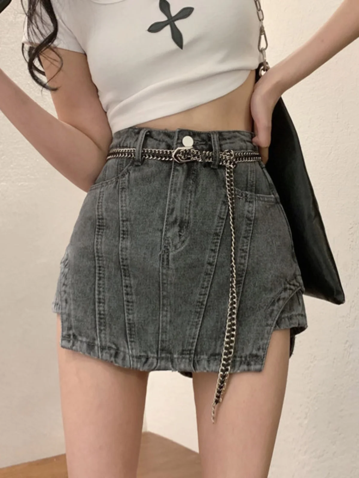 

Юбка-трапеция с высокой талией, джинсы, женские летние новые джинсы из двух частей, асимметричные утягивающие винтажные джинсы, закрывающие ягодицы