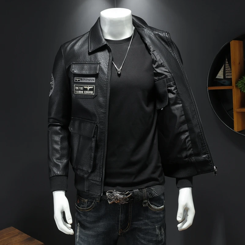 Spring new men\'s leather jacket motorcycle jacket young embroidered leather