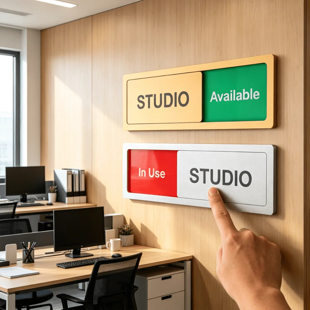 Sliding Do Not Disturb Door Sign, in Use Available Toggle Status Indicator Plaque, Brushed Silver Acrylic Privacy Self Adhesive