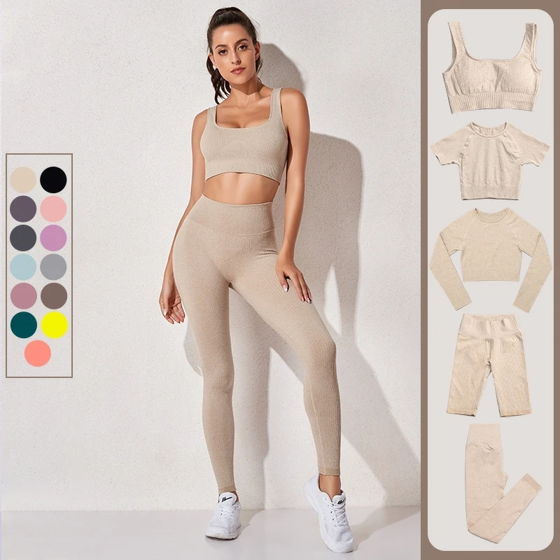 3pcs Sets Seamless Knit Striped Yoga Suit Suit for Women's Quick-drying Hip-lifting Fitness Yoga Pants Sportswear Gym Set Women