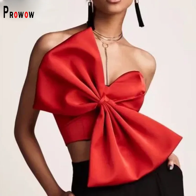 Prowow Sexy Big Bow Women's Tops Clothes Solid Color Zipper Crop Shirts 2024 New Design Summer Female Party Nightclub Wear