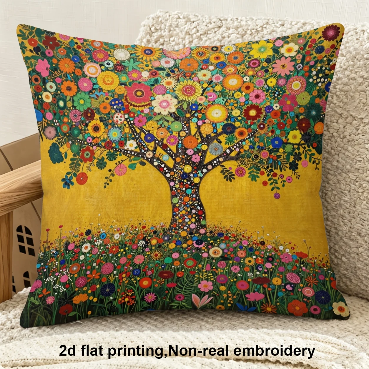 2D Flat Printing, 1pc, Vibrant Floral Tree with Colorful Blossoms, Pillow Cover, Double-Sided Printing, Polyester, Very Suitable for Decorating Sofas, Living Rooms, Bedrooms, And Offices, Without Pillow Insert