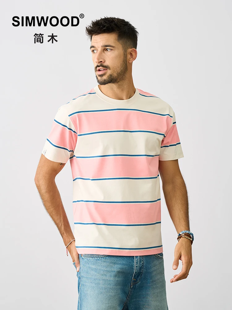 SIMWOOD 2024 Summer New Oversize 220g Sorona Cooling Tech Fabric T-shirts Men  Smooth Comfortable Striped Tops