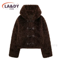 2024 New Winter Women Fashion Loose Hooded Faux Fur Coat  Female Casual Solid Color  Long Sleeve Tops Outerwears