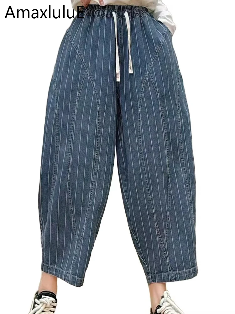 

AmaxluluE летние женские модные полосатые джинсовые брюки больших размеров для отдыха, винтажные свободные широкие брюки, классические джинсы с эластичной резинкой на талии