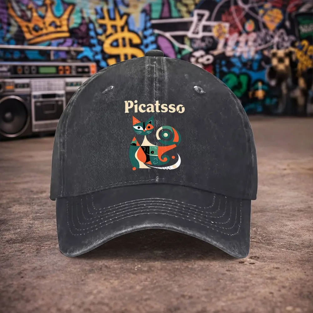 1pc Unisex Picatsso Cat Print Vintage Washed Baseball Cap - Men's Trendy Hat - Versatile Duckbill Cap - Fun Print - A Unique Bir