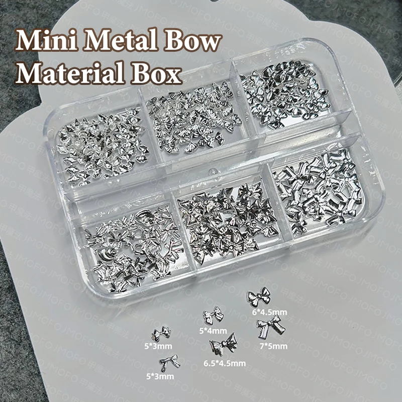 【Peace】6 Grids Mini Bow Nail Charms Gold Silver Bow Pearl Nail Rhinestones Nail Decoration Parts Manicure Accessories
