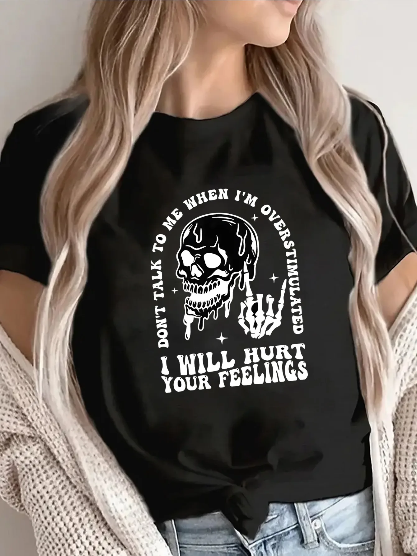 Short Sleeve T-Shirt with Skull Graphic Funny Quote Don'T Talk To Me When I'M Overstimulated I Will Hurt Your Feelings