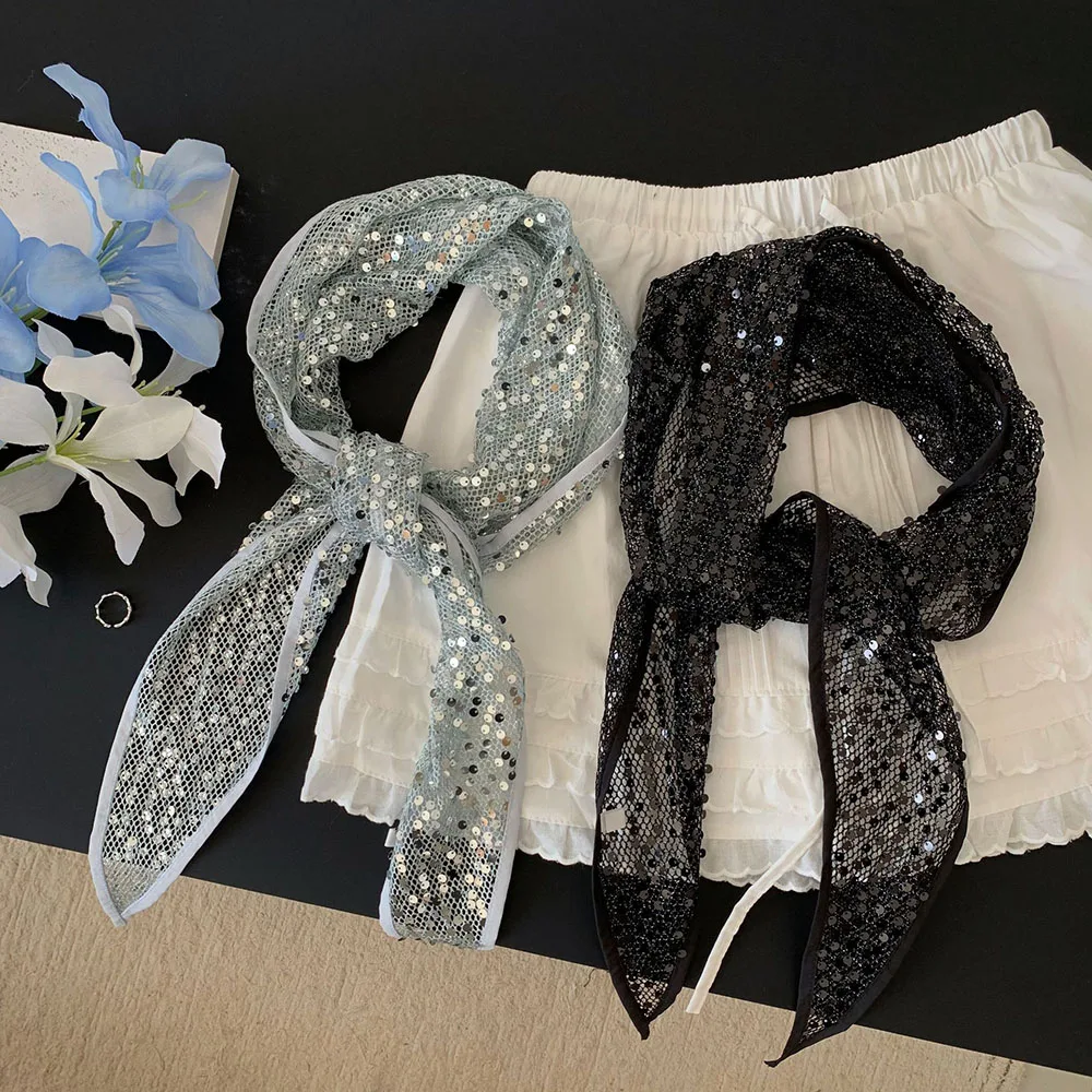 

Shiny Sequins Triangle Scarf Adjustable Lace-up Head Wrap neckscarf Bling Mesh Headscarf Multi-functional Curtain Skirt Scarf