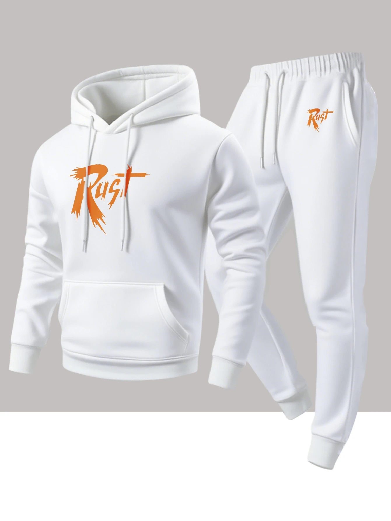 Conjunto de dos piezas compuesto por una sudadera con capucha y un pantalón de chándal, estilo urbano, con estampado gráfico en color naranja óxido, ideal para uso diario, para estar cómodo en casa o para practicar deportes.