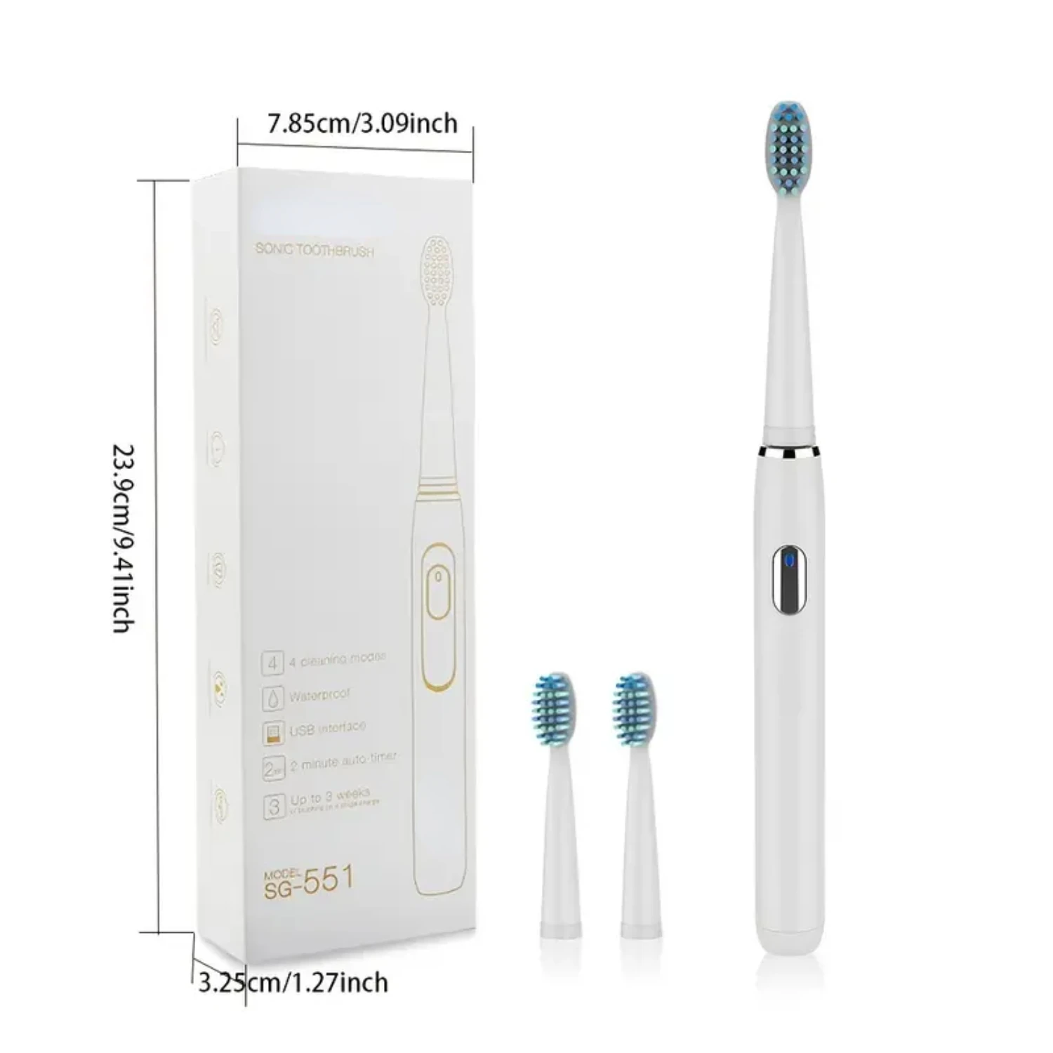 

Powerful White Waterproof Sonic Electric Toothbrush SG-551 with 4 Clean Modes, Replaceable Brush Heads and One Key Operation - E