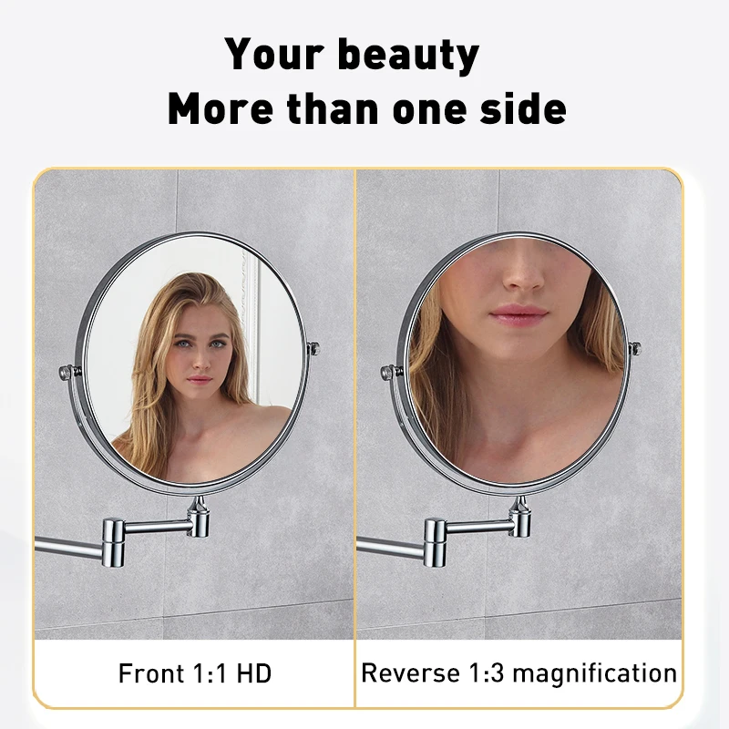 Bathroom Makeup Mirror Folding 2-Face Double Bath Cosmetic Mirror 8 inch Wall Mounted 360 Degree Telescopic Round Mirror