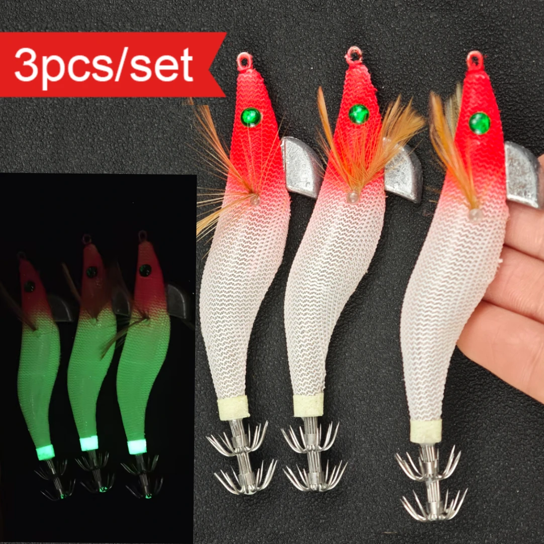 Conjunto de 3 Peças de Isca Artificial Egi para Lula, Camarão Simulado Luminoso, com Anzol Guarda-Chuva Afiado, para Pesca em Água Salgada de Lula, Choco e Polvo