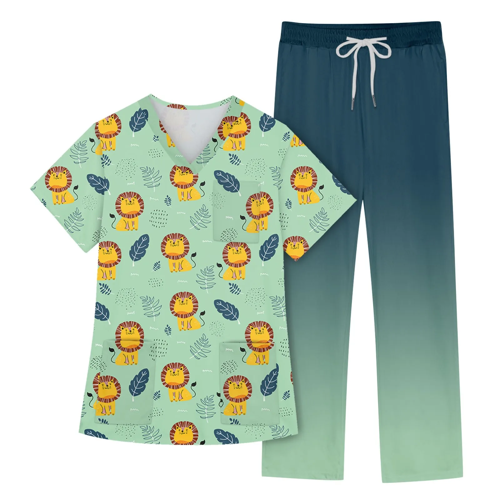 Scrubs Set Women Nurse Uniform Beauty Scrub Suits Cute Cartoon Animal Printing Working Uniform Pocket Top Pants Set