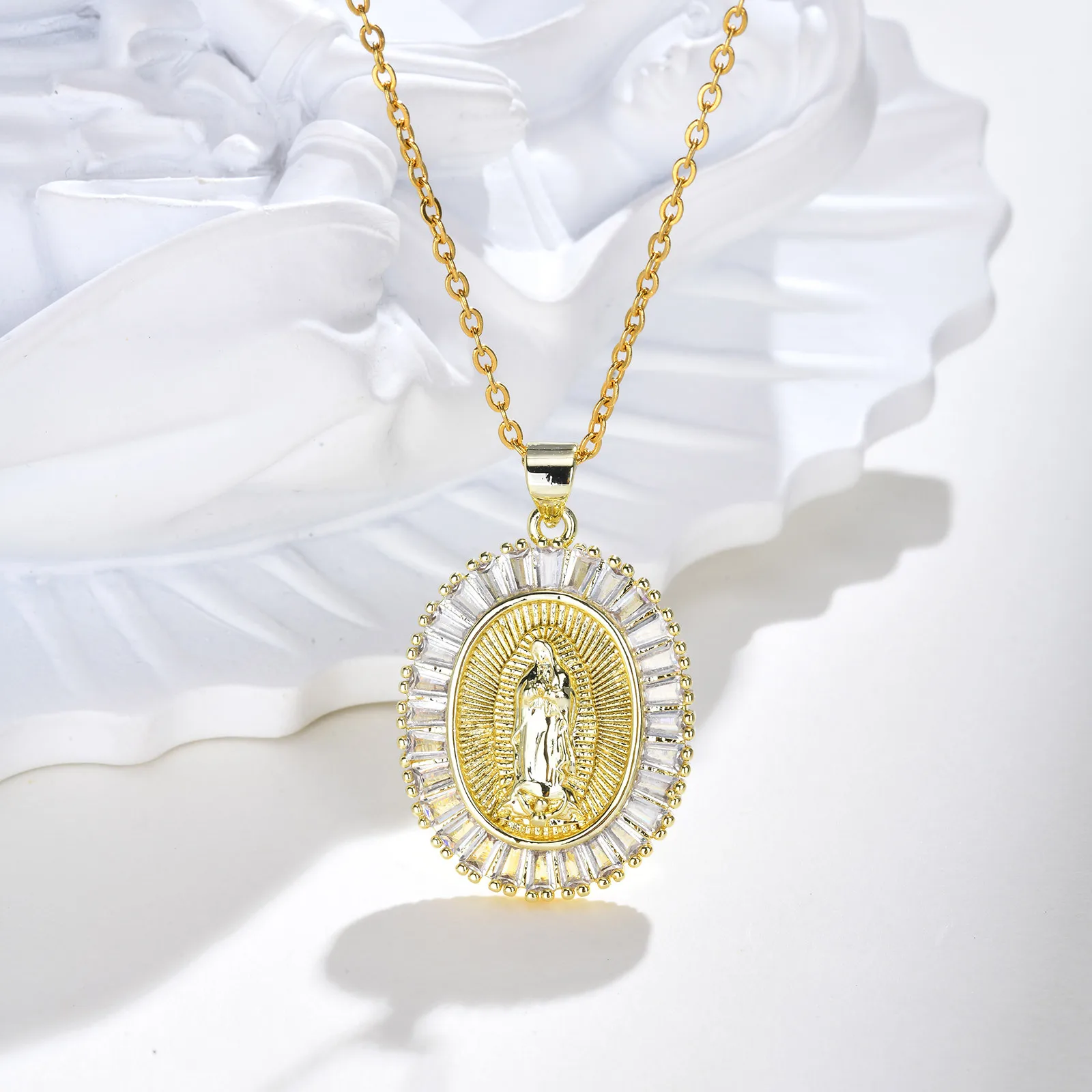 Zirconia Oval Virgin Mary Pendant Necklace for Women Catholic Jewelry