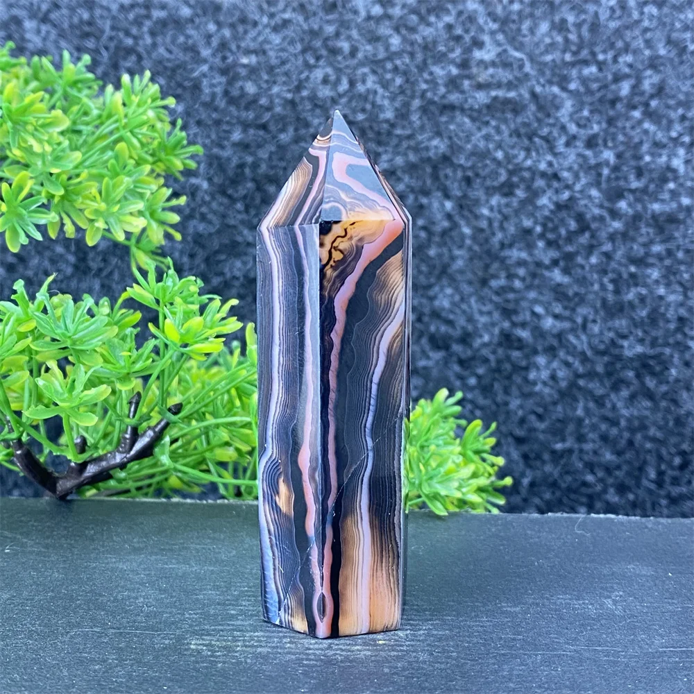 Natural Mineral Black Agate And Red Agate Striped Crystal Tower Symbiont Shi Ying Obelisk Home Decoration Ornaments