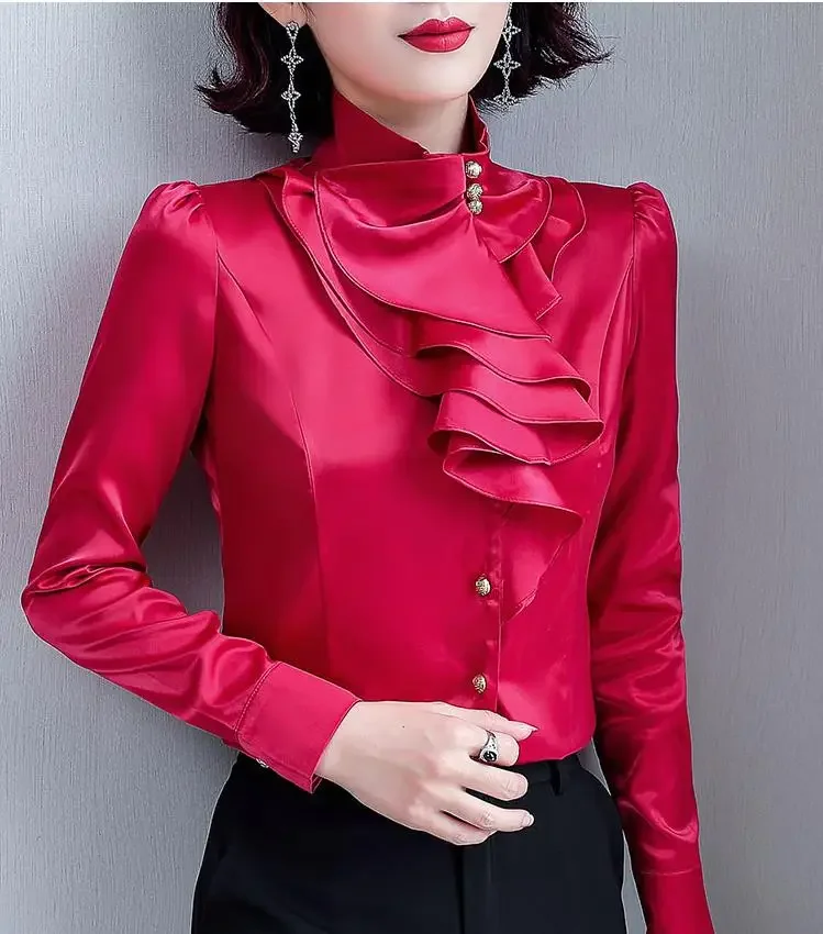 Puls Size Satin Blouse women Fashion Women Office Blouse Long Sleeve Shirt Women Work Wear Sheer shirt Women