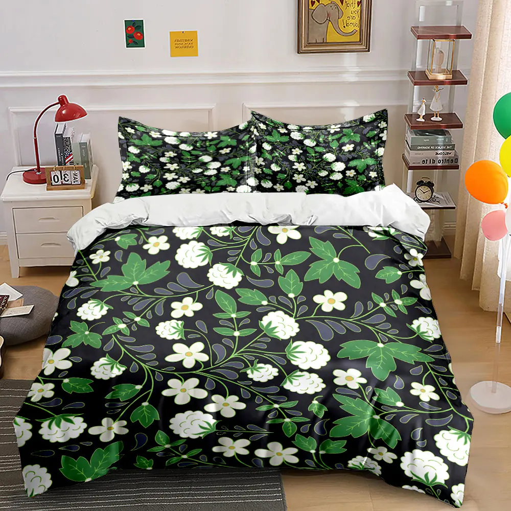 White blackberry theme with green leaves flowers Print Bedding Set 1 Duvet Cover 2Pillowcases for Adult and Children Luxury Gift