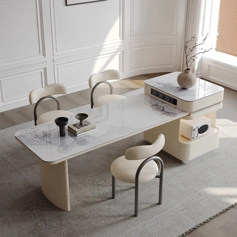 طاولة طعام جزيرة بلاطة الصخور الفاخرة الخفيفة، المطبخ المنزلي المتكامل، انهيار تخزين قابل للسحب بالرياح الكريمية #5