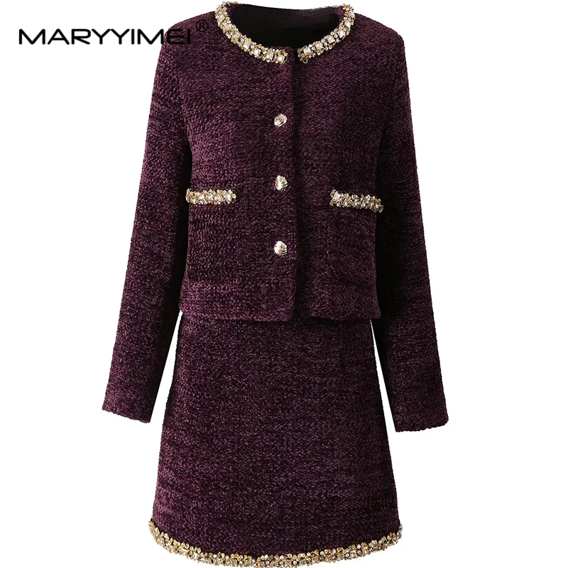 MARYYIMEI Autumn Winter Women's Suit Round Neck Diamond studded Single-Breasted Tops+Short skirt luxurious Two piece set