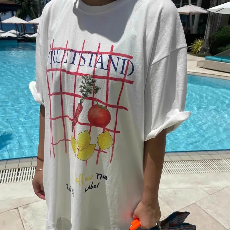 2025년 여름 캐주얼 슬리 여성 티셔츠 프린트 루즈핏 라운드 넥 면 100% 재미있는 채소 패턴 탑