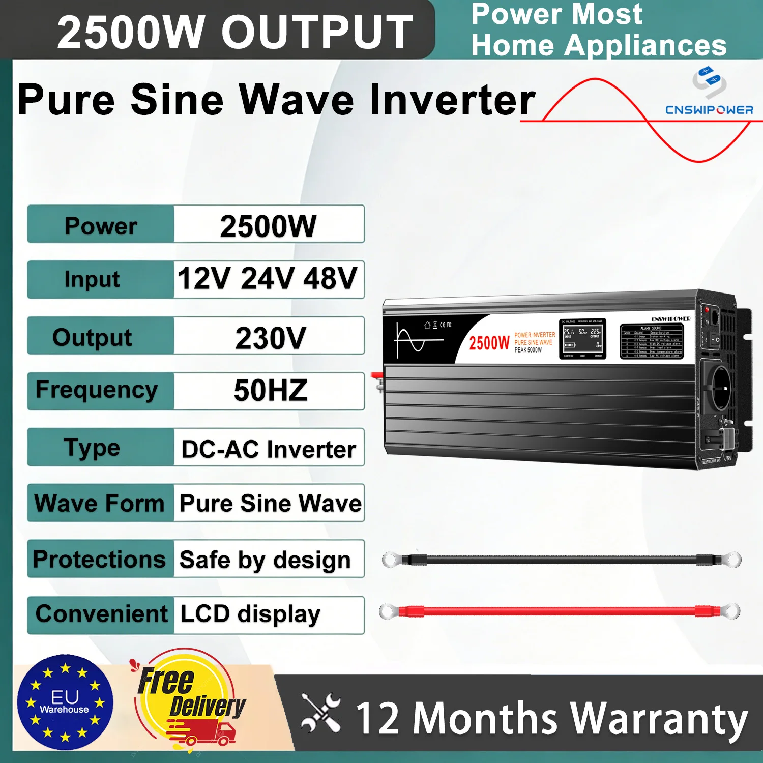 CNSWIPOWER 2500W Reiner Sinus-Wechselrichter mit LCD-Display DC 12V/24V/48V zu AC 230V Stromwandler für Camping und Outdoor-Nutzung