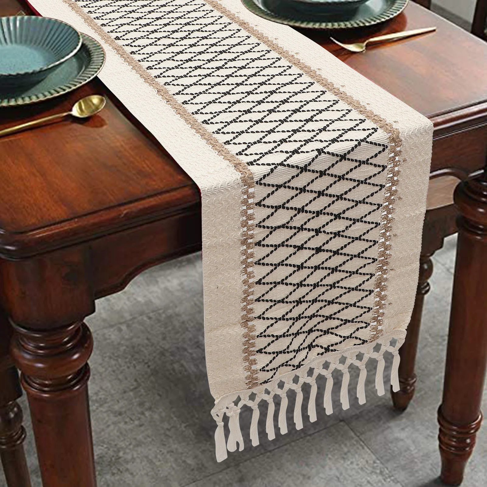 

Vintage Woven Cotton Linen Table Runner Decorative Tassel Home Holiday Banquet Buffet Special Event Decoration
