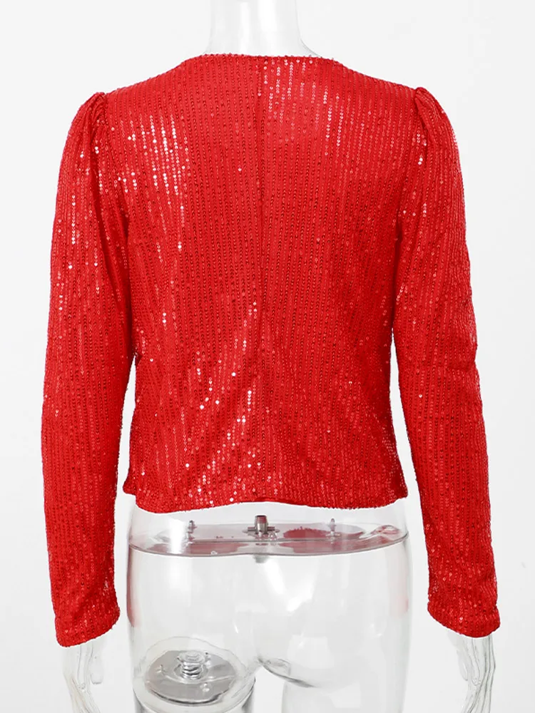 Elegant Solid Sequin Round Neck Long Sleeve Shirt Fashion Shiny Slim Cropped Tops 2025 Spring Lady Night Club Party Outwear