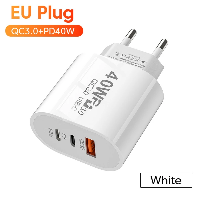 USB C Charger 40W Fast Charging Charger 3Ports Type C Mobile Phone Charger PD Power Adapter For Xiaomi IPhone QC3.0