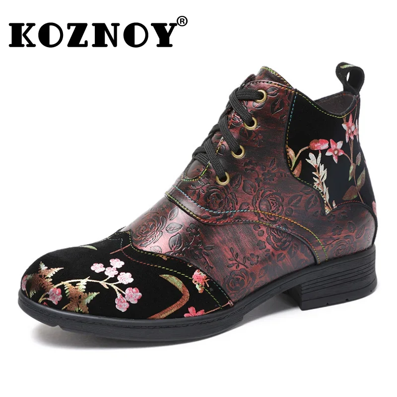 

Koznoy Booties for Women 3.5cm PU Print Ethnic Comfy Flats Ankle Mid Calf Boots Genuine Leather Autumn Spring Moccasins Shoes